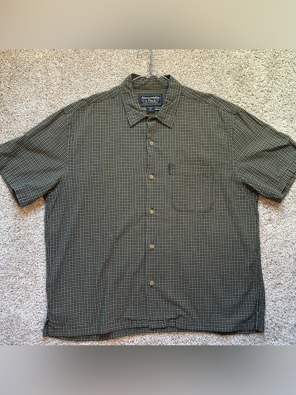 Abercrombie & Fitch Shirt Mens XL Green Check Short Sleeve Button Up Pocket A327
